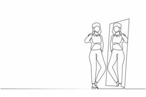 Single continuous line drawing businesswoman choosing blazer for business meeting. Woman trying on clothes at home. Girl with style. Mirror with female reflection. One line draw graphic design vector