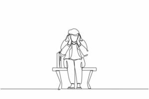 Single one line drawing sad businesswoman, depression. Lonely woman sitting on park bench. Young female character holding her head. Failure concept. Continuous line design graphic vector illustration
