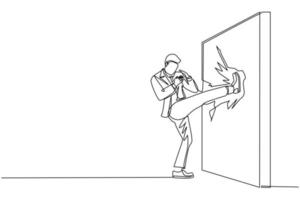 Single continuous line drawing businessman doing kung fu or karate kick to destroy the brick wall. Business concept of obstacle and solution. Obstruction ruined with force. One line draw design vector