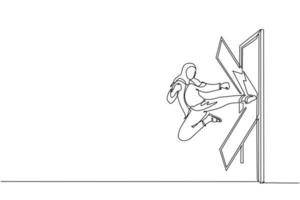 Single continuous line drawing Arab businesswoman kicks the door with flying kick until door shattered. Woman kicking locked door. Business concept of overcoming obstacles. One line draw design vector