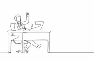 Single one line drawing businessman getting bright new idea while working with laptop on desk. Male manager working with computer at desk. People get idea. Modern continuous line draw design vector