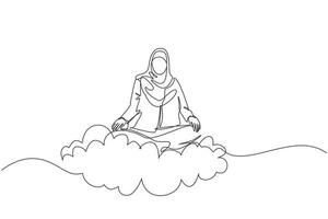 Single continuous line drawing office worker or businesswoman relaxes, meditates in lotus position on clouds. Arabian woman relaxing with yoga or meditation pose. One line draw graphic design vector