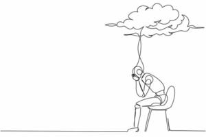 Continuous one line drawing sad robot sitting on chair under rain cloud. Worried about economic crisis. Humanoid robot cybernetic organism. Future robotic. Single line draw design vector illustration