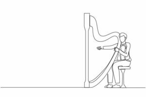 Single one line drawing man musician playing harp. Classical music performer character with musical instrument. Male sitting and playing harp. Continuous line draw design graphic vector illustration