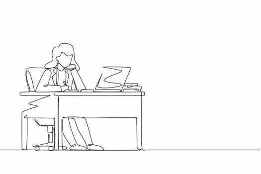 Single continuous line drawing businesswoman writing sitting in front of laptop at table. Female studying and writing in notebook, at desk in front of computer. One line draw graphic design vector