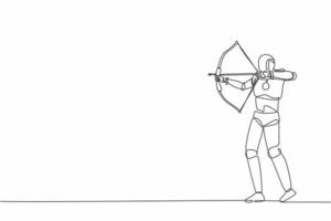 Single continuous line drawing robot trying to shoot target with blindfold. Modern robotic artificial intelligence. Electronic technology industry. One line draw graphic design vector illustration