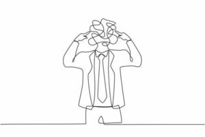 Continuous one line drawing businessman with round scribbles instead of a head. Office worker covering his ears with fingers. Person closing ear for loud noise. Single line draw design vector graphic