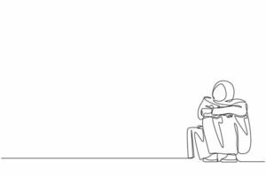 Continuous one line drawing depressed Arab businesswoman suffer emotion sadness melancholy stress with briefcase sitting in despair on floor. Worker sad gesture expression. Single line design vector