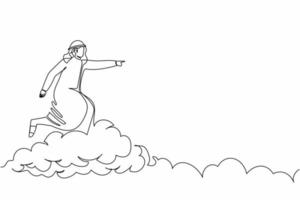 Single one line drawing Arab businessman riding cloud on the sky, pointing forward, go to future improvisation. Manager on cloud way to success. Continuous line draw design graphic vector illustration