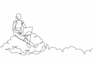 Continuous one line drawing robot sitting on cloud in sky and working with laptop. Wireless internet connection. Humanoid robot cybernetic organism. Single line draw design vector graphic illustration