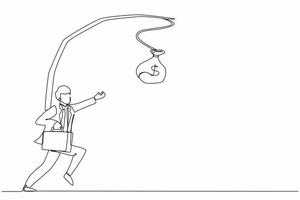 Continuous one line drawing oblivious businessman chasing bag of money. Artwork illustration depicts foolishness, stupidity, unawareness, and decoy. Single line draw design vector graphic illustration