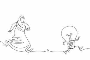 Single one line drawing Arab businesswoman chasing light bulb. Arabian office worker seek project solution. Imagination for new business ideas. Continuous line draw design graphic vector illustration