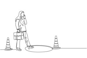 una sola línea continua dibujando a una mujer de negocios árabe hablando por teléfono celular y no ve el agujero en el frente. la mujer camina hacia la trampa de negocios. metáfora. ilustración de vector de diseño gráfico de dibujo de una línea