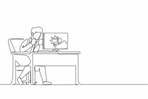 Continuous one line drawing angry businessman breaks his laptop computer hitting it with clenched fist sitting at desk. Frustrated man worker punching hole in pc screen. Single line draw design vector