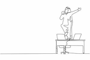 Single continuous line drawing happy office worker dancing on desk. Arabian businessman dancing while sitting at desk. Having fun at work. Work from home concept. One line draw graphic design vector