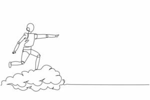 Single continuous line drawing robot riding cloud on the sky, pointing forward, go to future innovation. Robotic artificial intelligence. Electronic technology industry. One line graphic design vector