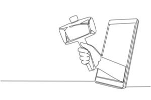 Continuous one line drawing hand holding prehistoric stone hammer through mobile phone. Concept of mobile games, e-sport, entertainment application for smartphones. Single line draw design vector