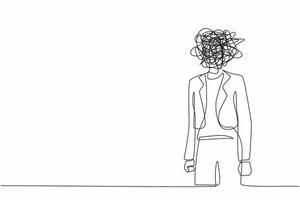 Single continuous line drawing businesswoman with round scribbles instead of head. Frustrated woman. Anxiety, confusion in thoughts. Chaos in head. Confusing process. One line graphic design vector