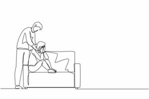 Continuous one line drawing man giving support and comfort to depressed crying woman, touching shoulders, helping to go through stress and anxiety. Empathy. Single line draw design vector illustration