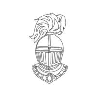 Single one line drawing knight in helmet armor, spartan warrior head. Medieval warrior knight in armour helmet with visor and plumage, heraldry symbols. Continuous line draw design vector illustration