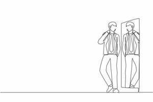 Single continuous line drawing businessman character choosing suit for business meeting. Man trying on clothes at home. Guy with style. Mirror with male reflection. One line draw graphic design vector