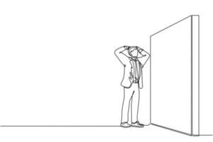 Single continuous line drawing businessman standing and confused in front of huge brick wall barriers. Scene for wrong business decision, mistake, deadlock. One line draw design vector illustration