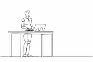 Single continuous line drawing smart robot standing and working behind desk. Modern robotic artificial intelligence. Electronic technology industry. One line draw graphic design vector illustration