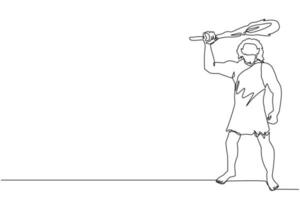 Single one line drawing prehistoric man holding and raised cudgel overhead. Man hunting an ancient animal with cudgel, caveman of prehistoric period with weapon. Continuous line draw design vector