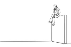 Single one line drawing businesswoman sad sitting on wall thinking of profit loss, crisis and financial losses in the trading market. Evaluation business concept. Continuous line draw design vector