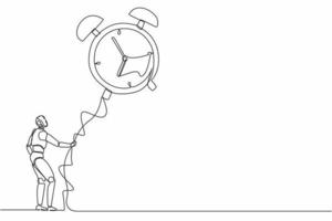 Single continuous line drawing robots holding flying big alarm clock balloon with rope. Humanoid robot cybernetic organism. Future robotics concept. One line draw graphic design vector illustration