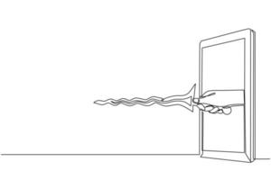 mano de dibujo continuo de una línea sosteniendo keris a través del teléfono móvil. concepto de lucha contra videojuegos, e-sport, aplicación de entretenimiento para smartphones. ilustración de vector de diseño de dibujo de una sola línea