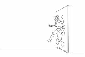 Single one line drawing robot run and breaking through brick wall. Future technology development. Artificial intelligence and machine learning. Continuous line draw design graphic vector illustration