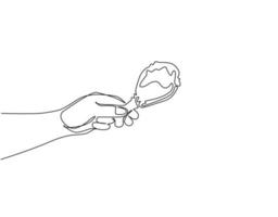 mano de hombre de dibujo de una línea continua sosteniendo muslo de pollo frito, estilo boceto. mano sosteniendo muslo de pollo frito, a la parrilla, asado, pierna. ilustración gráfica de vector de diseño de dibujo de una sola línea