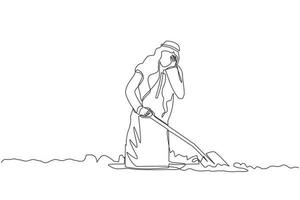 Continuous one line drawing Arabic businessman wipes sweat on his forehead while digging hole. Worker never give up to finish his job. Work hard concept. Single line design vector graphic illustration