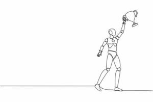 Single one line drawing robot holding trophy with one hand. Success and goal achievement. Winning competition. Future technology development. continuous line draw design graphic vector illustration