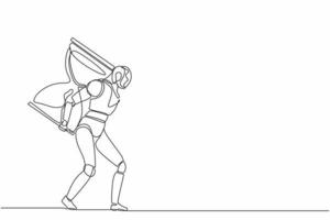 Single one line drawing robot carrying heavy big hourglass. Future technology development. Artificial intelligence and machine learning process. Continuous line draw design graphic vector illustration
