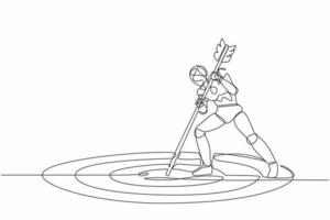 Single one line drawing robot mark goal with arrow. Robot holding arrow, hit target on ground. Future technology. Artificial intelligence machine learning. Continuous line design vector illustration