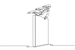 Continuous one line drawing Arabian businesswoman jumps over wall, outside comfort zone to get new experience, fun and excited. Life begins when trying different things. Single line draw design vector