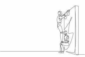 Single one line drawing robot helping to lift another robot over brick wall. Help, assistance. Future technology. Artificial intelligence machine learning. Continuous line design vector illustration