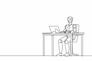 Single continuous line drawing robot writing and sitting in front of laptop at table. Robotic artificial intelligence. Electronic technology industry. One line draw graphic design vector illustration