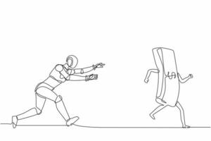 Single one line drawing robot running and chasing after run away money. Future technology development. Artificial intelligence and machine learning. Continuous line design graphic vector illustration