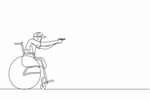 dibujo de una sola línea joven deportista en silla de ruedas dedicado a tiro deportivo con un arma. aficiones e intereses de las personas con discapacidad. ilustración de vector gráfico de diseño de dibujo de línea continua
