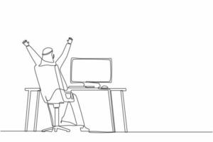 Single continuous line drawing back view happy Arab man completed task and triumphing with raised hands on his workplace. Successful well done work. Completed task. One line draw graphic design vector