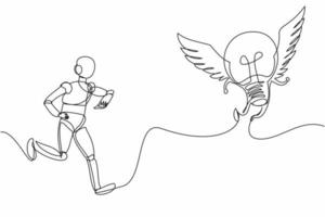 Single one line drawing robot chasing flying light bulb. Searching creativity, new invention. Future technology development. Artificial intelligence. Continuous line graphic design vector illustration