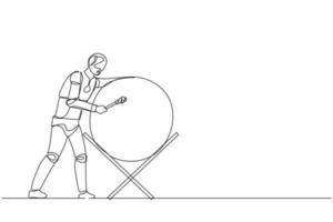 Single continuous line drawing robot hitting traditional drum in Islamic music festival. Robot artificial intelligence. Electronic technology industry. One line draw graphic design vector illustration