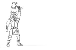 Single one line drawing nordic man holding hammer up in the air. Vector of warrior wearing viking war armor. Character from pagan and scandinavian mythology. Continuous line draw design illustration