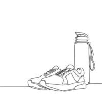 zapatillas deportivas de dibujo de una sola línea y botella deportiva. concepto de fitness para correr o trotar. idea de un estilo de vida saludable y activo. concepto de estilo de vida saludable. vector de diseño de dibujo de línea continua moderna