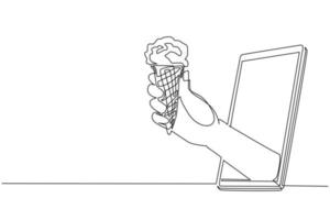 Single continuous line drawing hand holding ice cream in waffle cone through mobile phone. Concept of restaurant order delivery online food. Application for smartphones. One line draw design vector