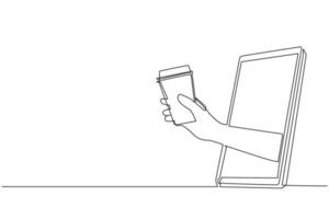 Single one line drawing hand holding coffee paper cup through mobile phone. Concept of cafe drink order delivery online food. Application for smartphones. Continuous line draw design graphic vector