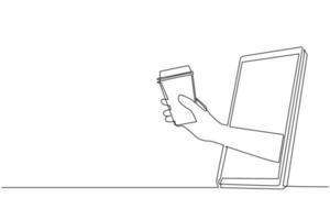 Single one line drawing hand holding coffee paper cup through mobile phone. Concept of cafe drink order delivery online food. Application for smartphones. Continuous line draw design graphic vector